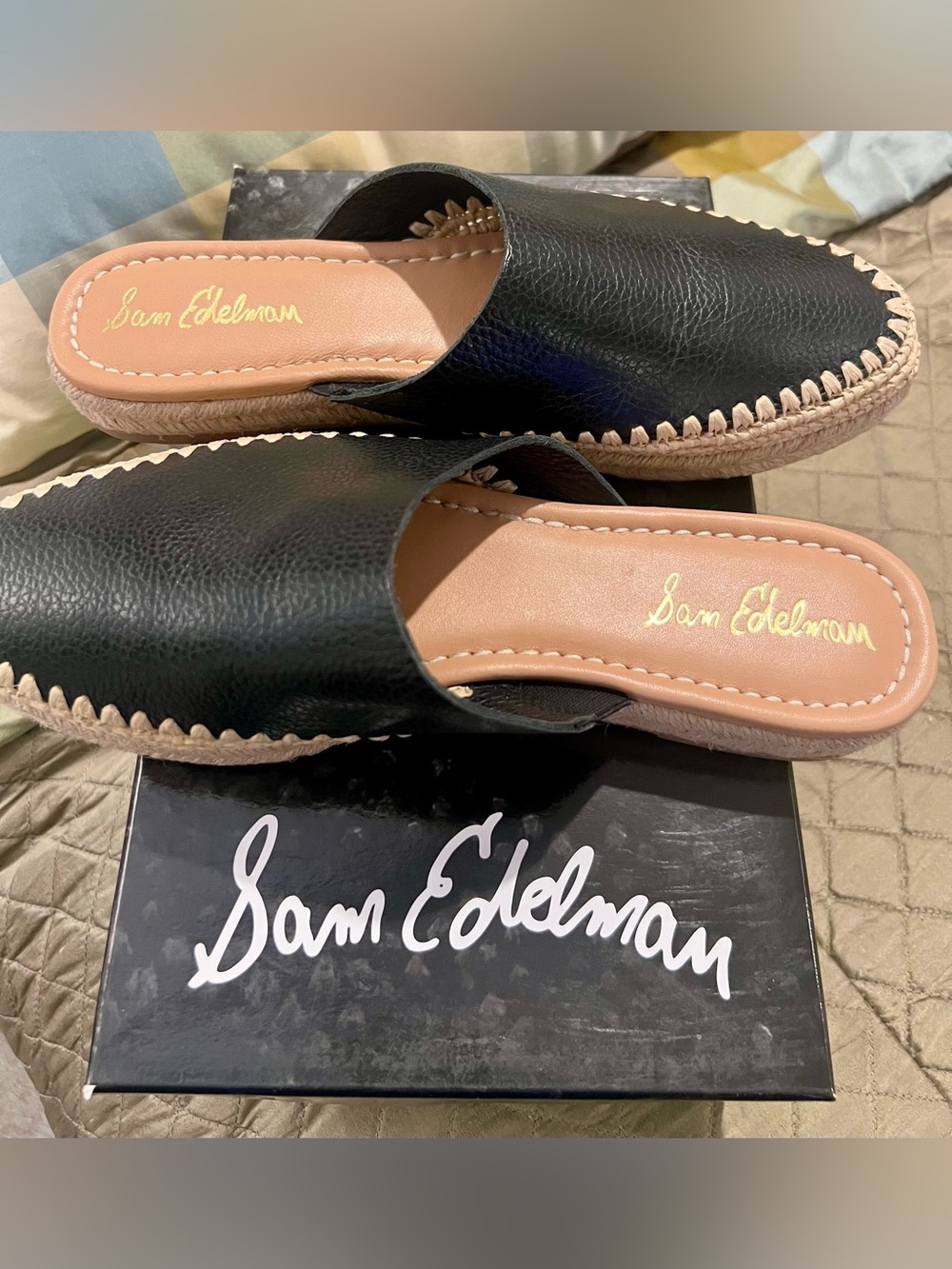 Sam Edelman women’s NWT Black Leather Espadrille Slide Mules
